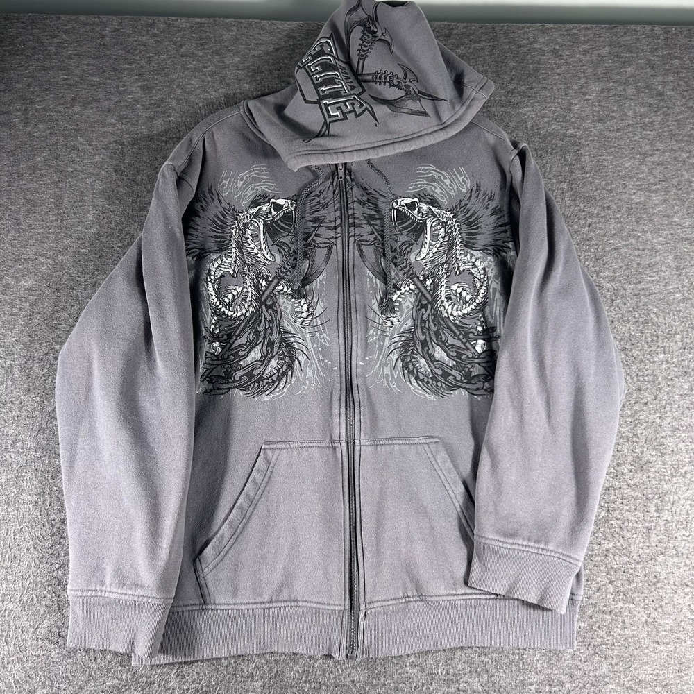 Y2K MMA Elite Full Zip Graphic Print Hoodie Snake Thermal Lined Size L Grunge